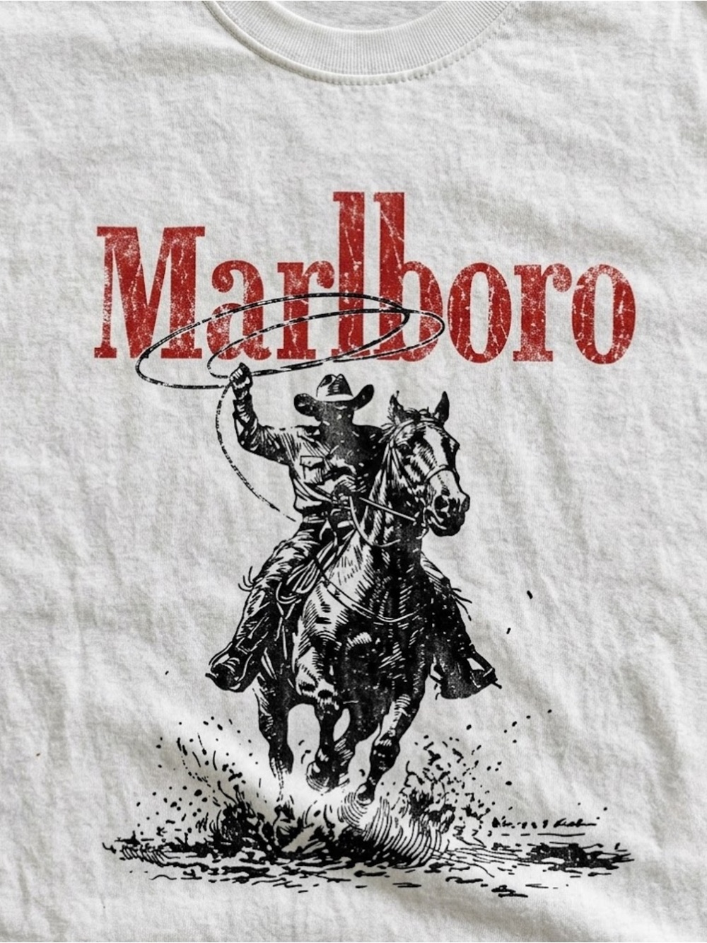 Gildan Marlboro White Tee with Red Logo and Black Cowboy Print - Picture 2 of 2